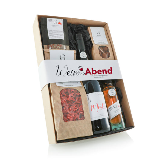 Weinabend Geschenkset von Genial Genießen mit Rotwein, Rosé Balsamico, Rotwein Nudeln, Pesto Rosso Gewürz und Mandeln in Trüffelschokolade