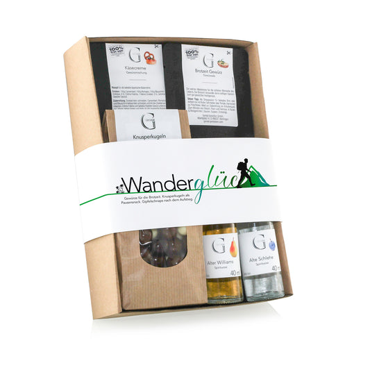 Wanderglück Geschenkset von Genial Genießen mit ausgewählten Feinkostspezialitäten für genussvolle Pausen bei Wanderungen und Outdoor-Abenteuern.
