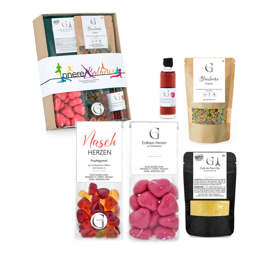 Hochwertiges Geschenkset von Genial Genießen für Yoga- und Entspannungsliebhaber mit aromatischen Tees, feinen Spezialitäten und ausgewählten Genussprodukten, stilvoll verpackt als Geschenkidee.