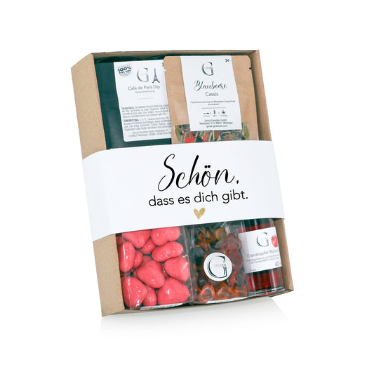 Schön, dass es dich gibt Geschenkset von Genial Genießen mit Granatapfel Balsam, Café de Paris Dip, Tee und Fruchtgummis in liebevoller Geschenkbox