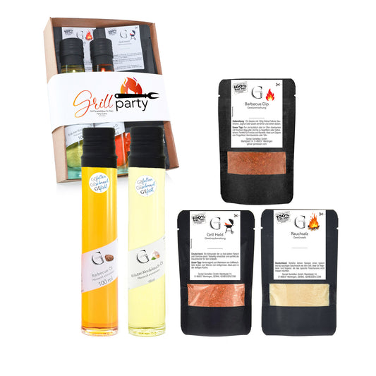 Hochwertiges Grillparty Geschenkset mit Barbecue Öl, Dip-Gewürzen und Grillzubehör für Grillliebhaber