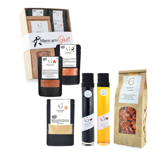 Grill Geschenkset Mann am Grill von Genial Genießen mit Gewürzen, Ölen und Dips für Fleisch, Gemüse und kreative BBQ Gerichte
