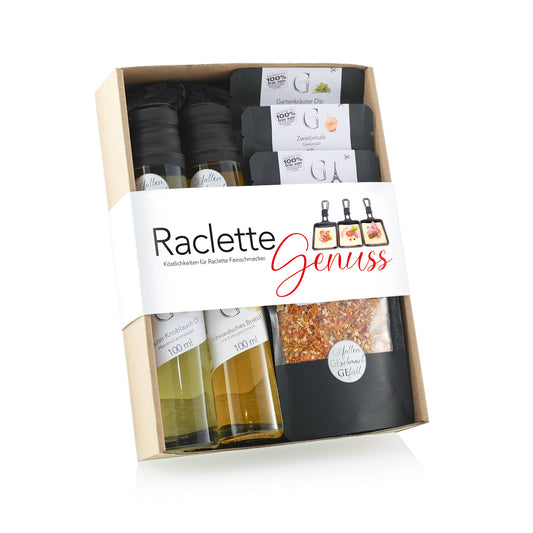 Raclette Genuss Geschenkset von Genial Genießen mit Kräuter-Knoblauch Öl, Gartenkräuter Dip, Café de Paris, Mango Chili Dip und Zwiebelsalz für gesellige Abende