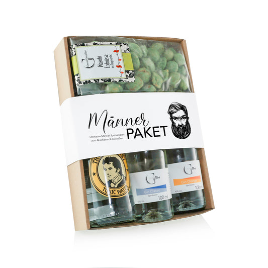 Männer Paket Geschenkset von Genial Genießen mit Gin Classic, Gin Orange, Tonic Water und Wasabi Erdnüssen für einen gelungenen Männerabend