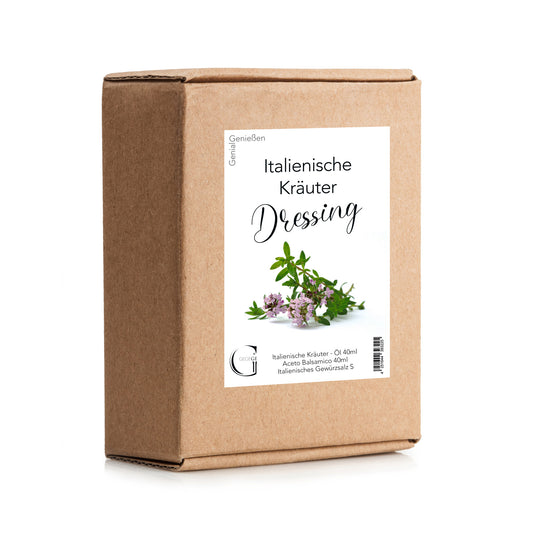 Genial Genießen Italienische Kräuter Dressing-Set in dekorativer Geschenkbox mit italienischem Kräuteröl, Aceto Balsamico di Modena und würzigem Kräutersalz für mediterrane Salate und italienische Gerichte.
