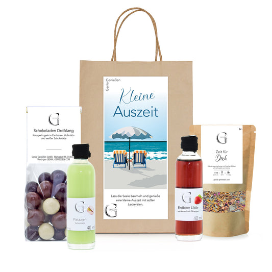 Kleine Auszeit Geschenktüte von Genial Genießen mit Erdbeer Likör, Pistazien Sahnelikör, Schokoladen Dreiklang Knusperkugeln und Kräutertee in Geschenkverpackung