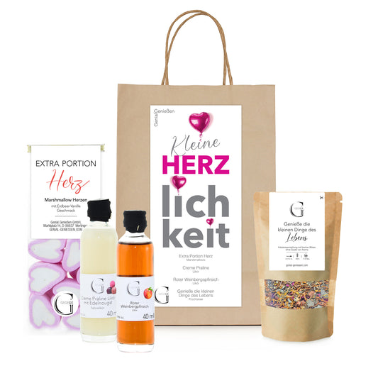 Kleine Herzlichkeit Geschenktüte von Genial Genießen mit Creme Praline Likör, Weinbergpfirsich Likör, Herz-Marshmallows und Kräutertee in liebevoller Kraftpapiertüte
