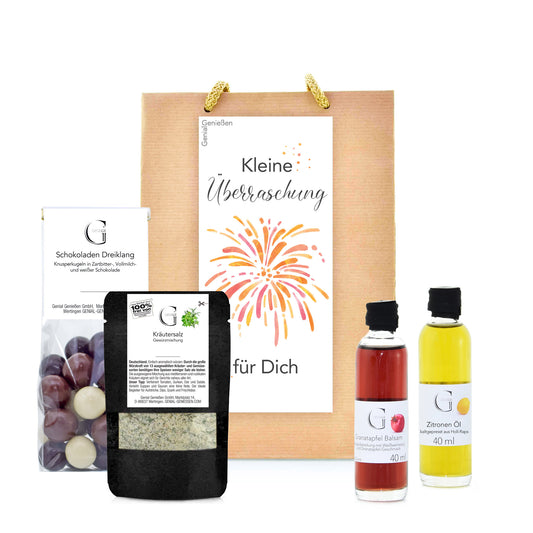 Kleine Überraschung für dich Geschenktüte von Genial Genießen mit Zitronenöl, Granatapfel Balsam, Kräutersalz und Schokoladen Knusperkugeln in liebevoller Verpackung