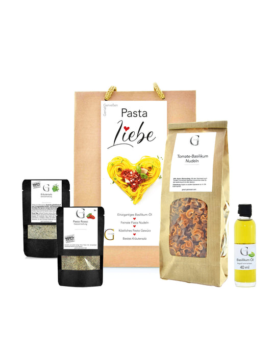 Genial Genießen Pasta Liebe Geschenktüte mit aromatischen Nudeln, Basilikumöl, Pesto-Gewürz und Kräutersalz für echte Pasta-Fans