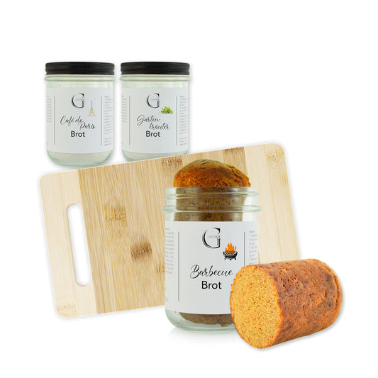 GeGeGe Brot im Glas Sparset mit verschiedenen Brotbackmischungen im Glas für frischen Brotgenuss und kreative Geschenkideen.