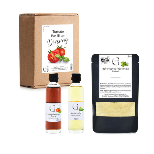 Hochwertiges Dressing-Set von Genial Genießen mit der klassischen Kombination aus Tomate und Basilikum, ideal zum Verfeinern von Salaten, Antipasti und mediterranen Gerichten.