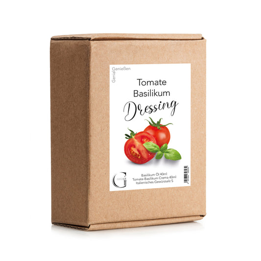 Genial Genießen Tomate & Basilikum Dressing-Set in dekorativer Geschenkverpackung mit fruchtiger Tomate, aromatischem Basilikum und ausgewählten Feinkostzutaten für mediterrane Salate und italienische Genussmomente.
