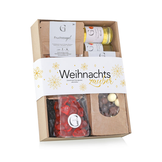 Genial Genießen Weihnachtszauber Geschenkset ohne Alkohol mit hochwertigen Öl- und Crema-Spezialitäten, Tee, Gewürzen und süßen Weihnachtsleckereien in festlicher Geschenkverpackung.