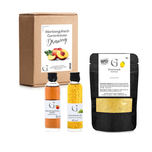 Hochwertiges Dressing-Set von Genial Genießen mit aromatischem Dattel-Balsam und feinem Zitronen-Olivenöl, stilvoll arrangiert als Geschenkidee für Feinschmecker und Liebhaber besonderer Geschmackserlebnisse.